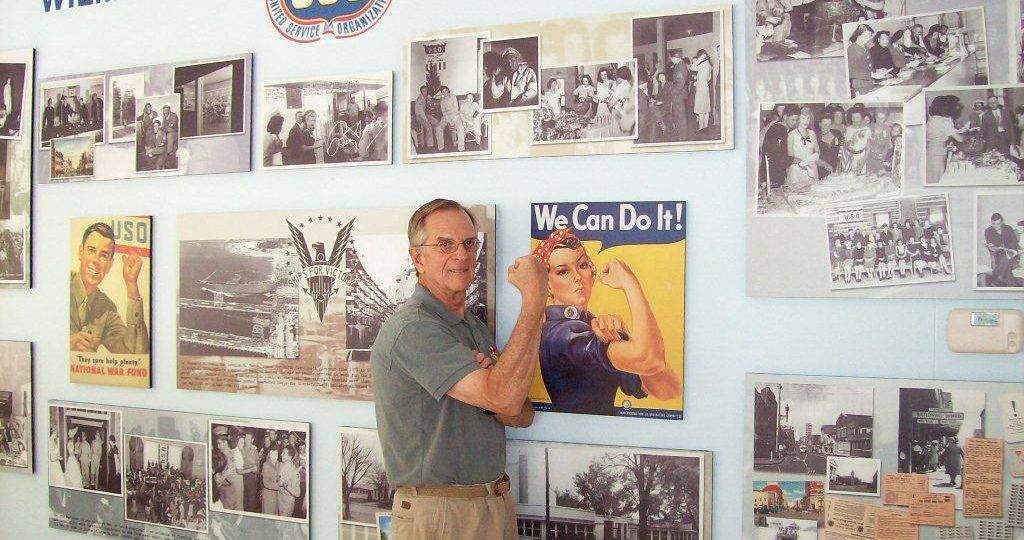 Lavin Studio in Hannah Block Historic USO becomes part of mini-museum of the Wilmington WWII home front with photomurals and the piano Hannah played. Rosie the Riveter stars. 2008.