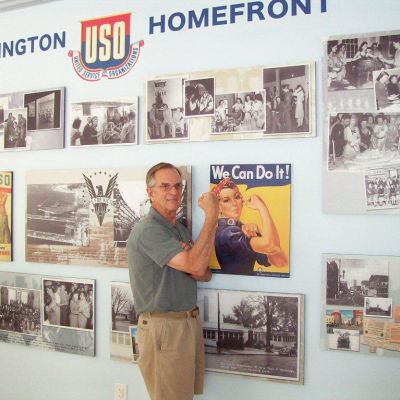 Lavin Studio in Hannah Block Historic USO becomes part of mini-museum of the Wilmington WWII home front with photomurals and the piano Hannah played. Rosie the Riveter stars. 2008.
